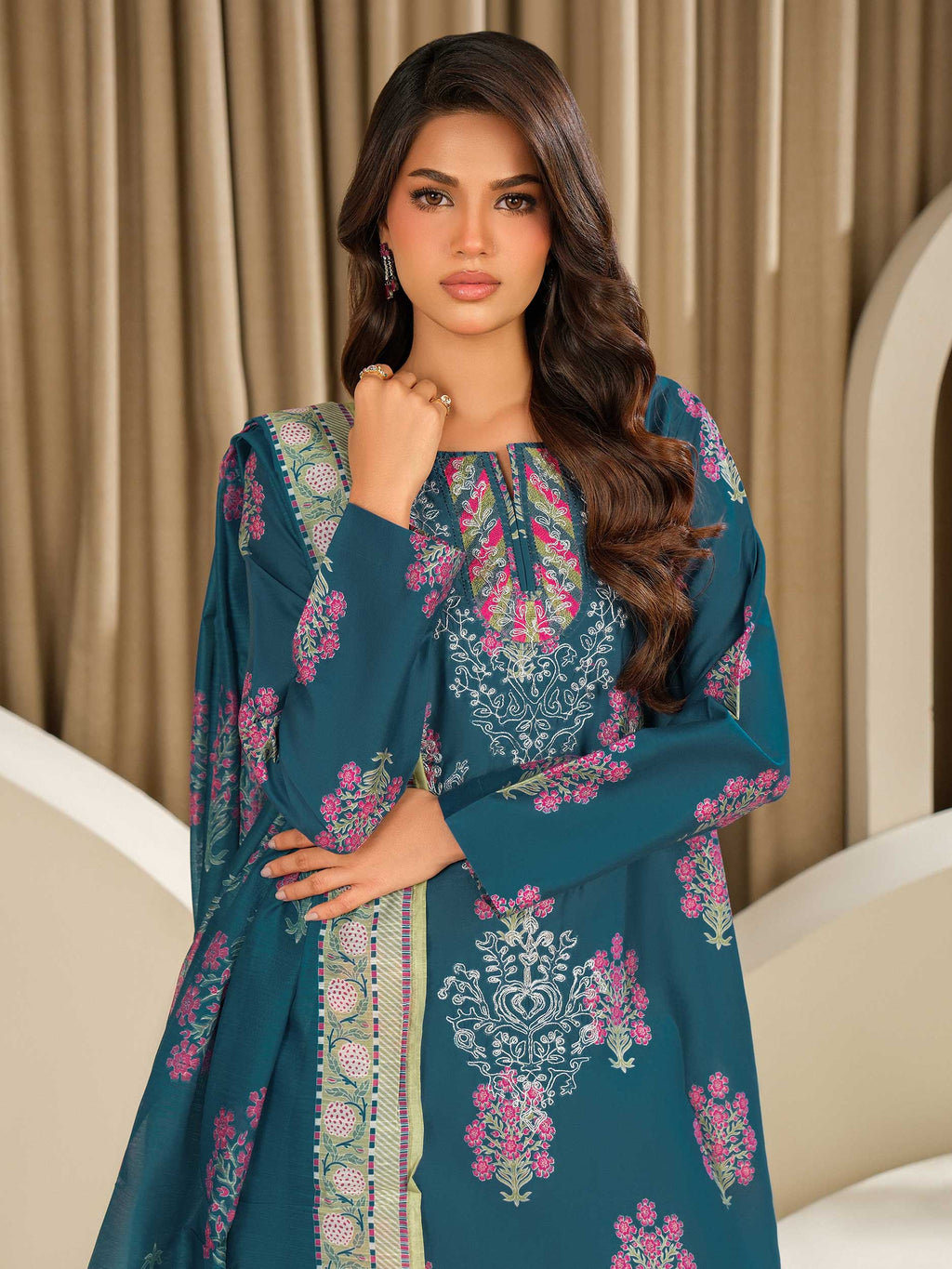 3 Piece Satin Suit-Embroidered (Unstitched)