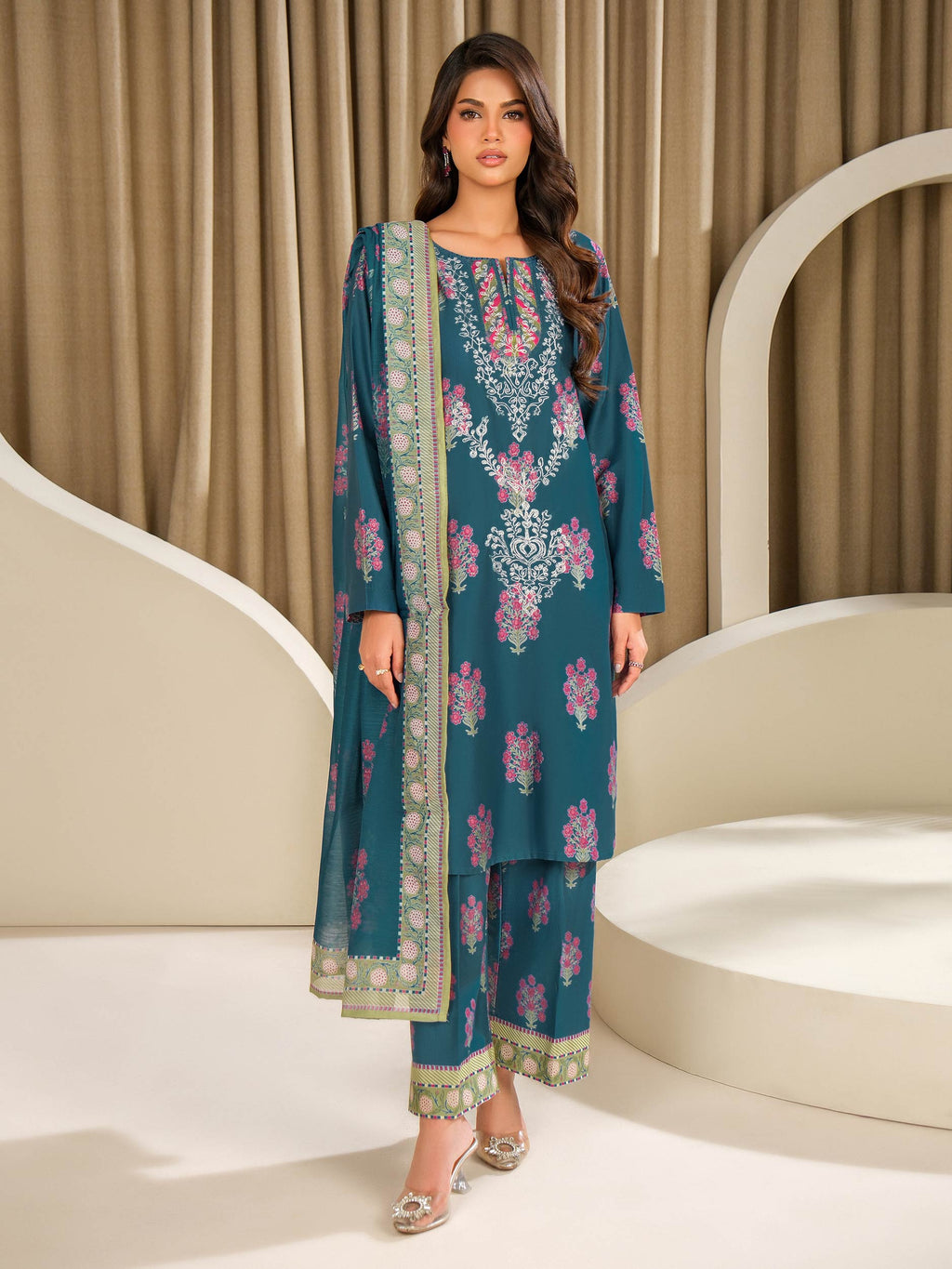 3 Piece Satin Suit-Embroidered (Unstitched)