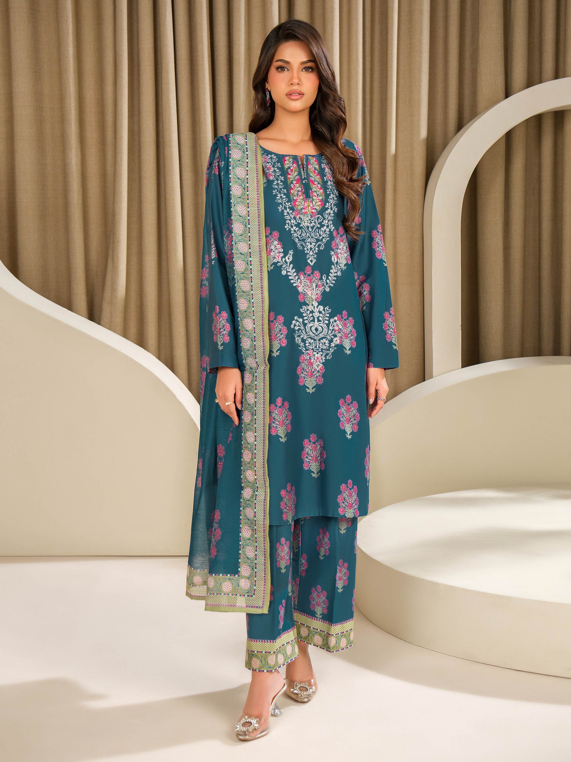 3 Piece Satin Suit-Embroidered (Unstitched)