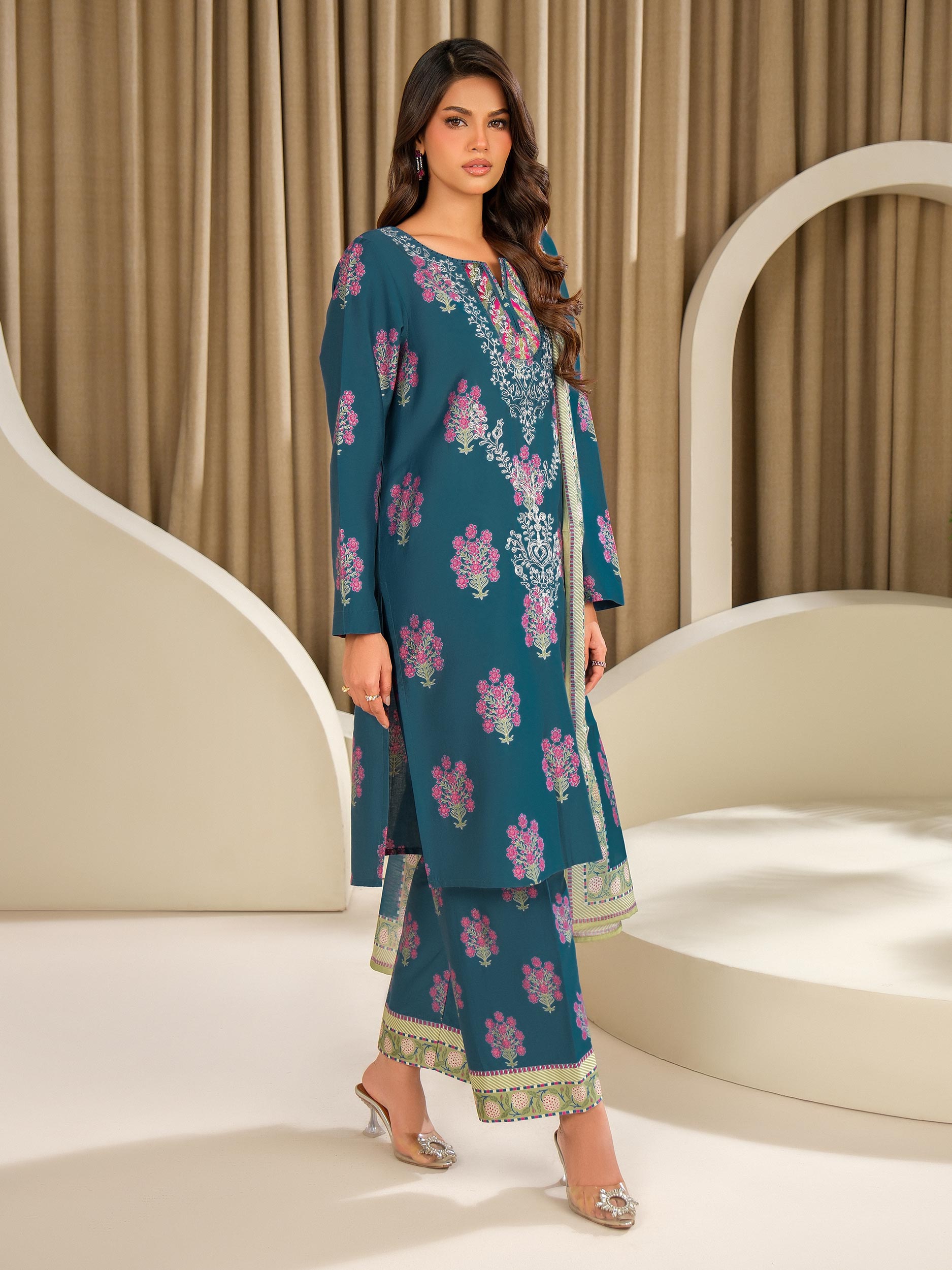3 Piece Satin Suit-Embroidered (Unstitched)