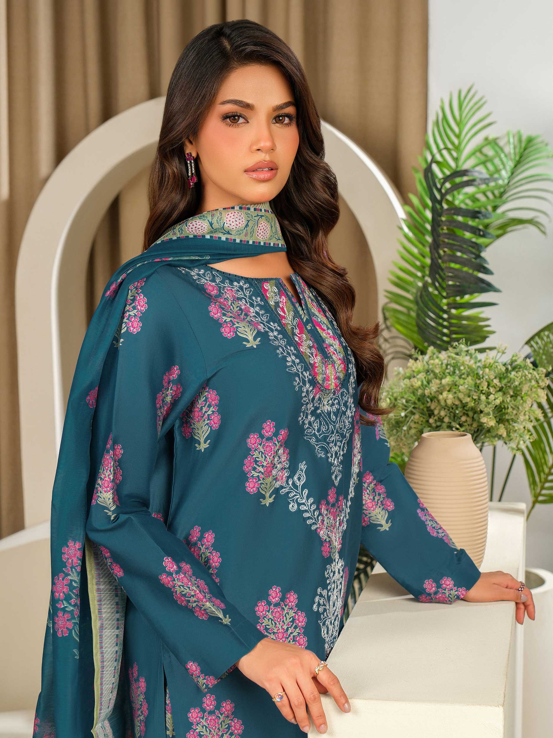 3 Piece Satin Suit-Embroidered (Unstitched)