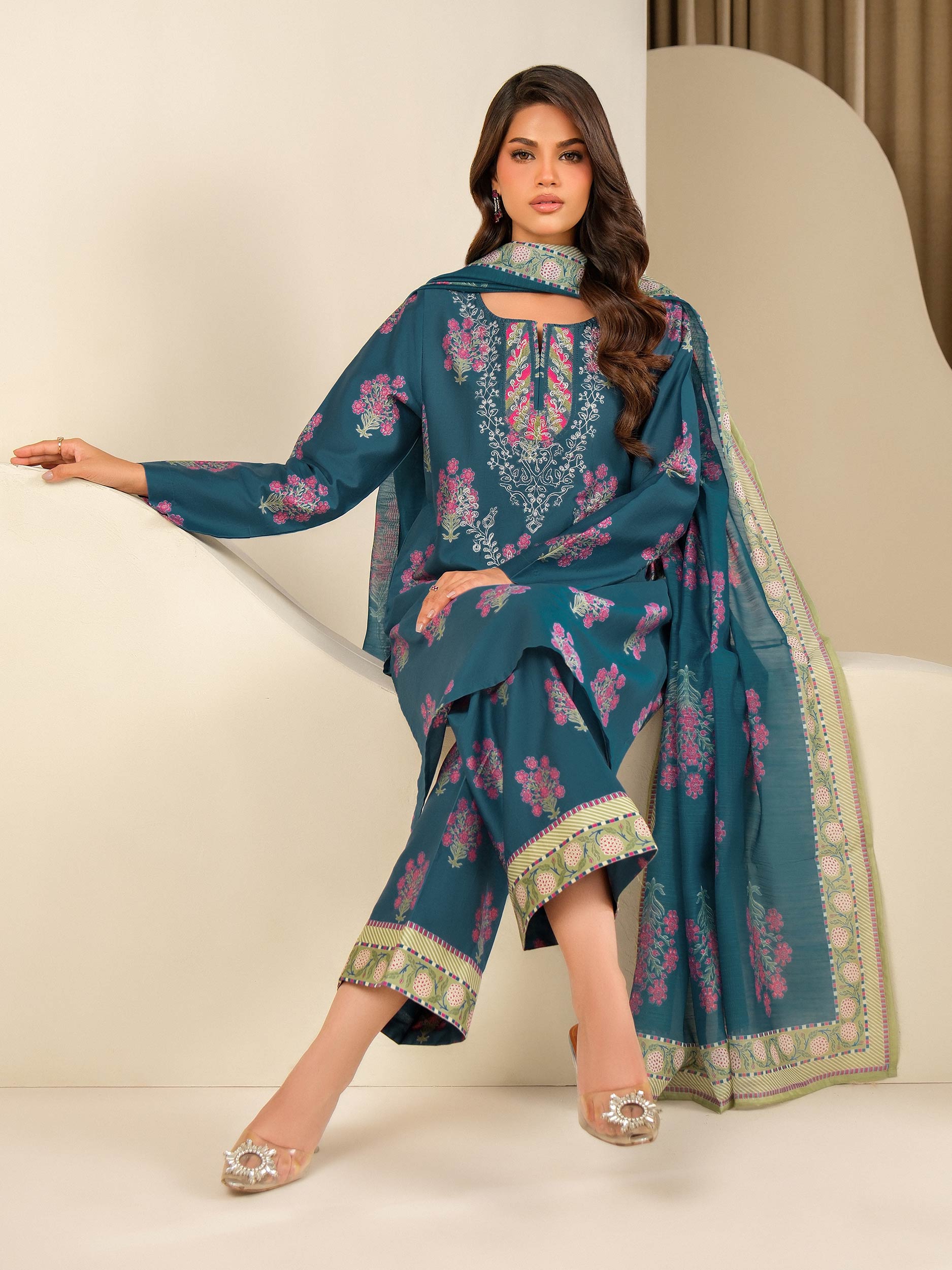 3 Piece Satin Suit-Embroidered (Unstitched)