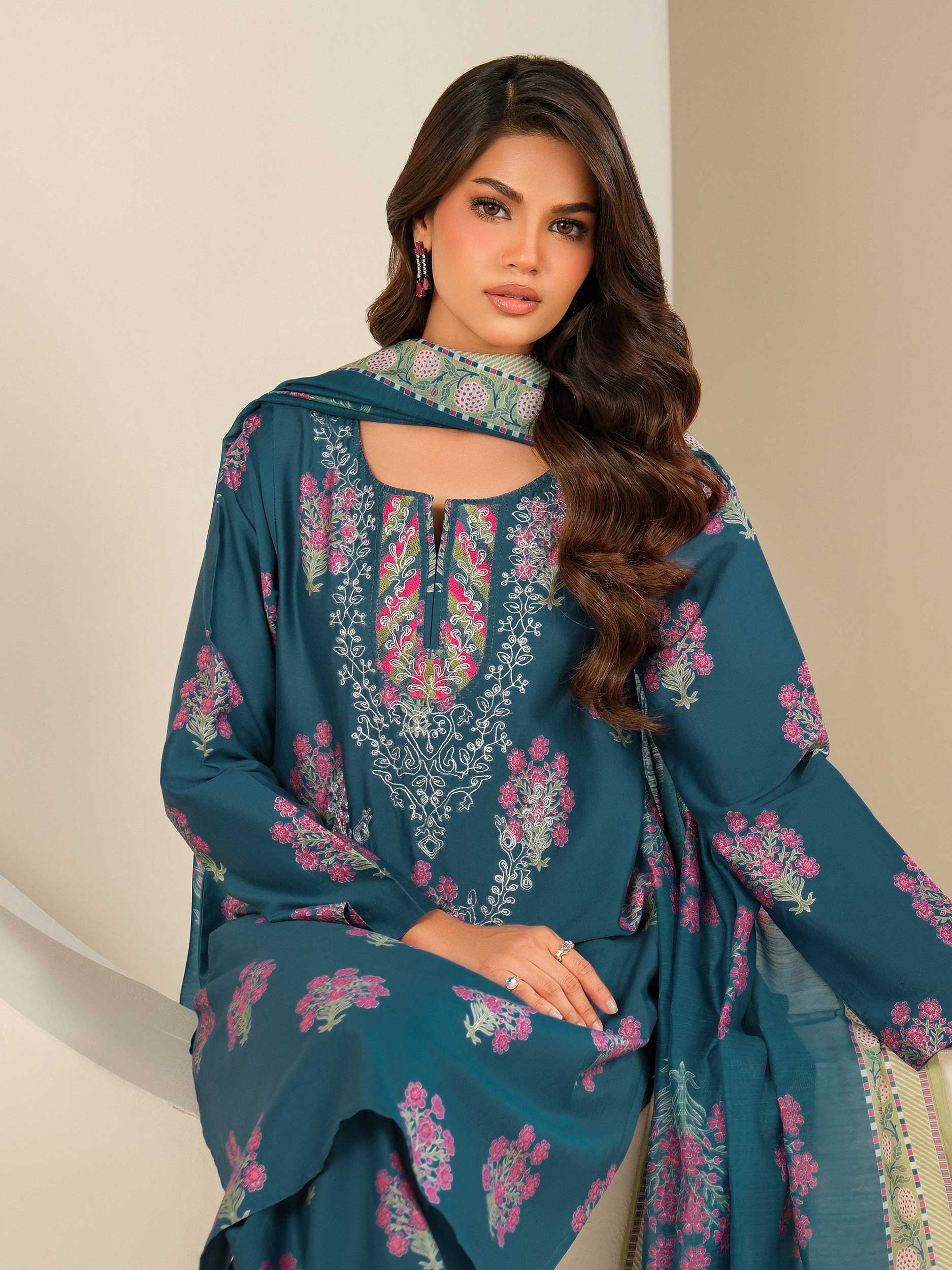 3 Piece Satin Suit-Embroidered (Unstitched)