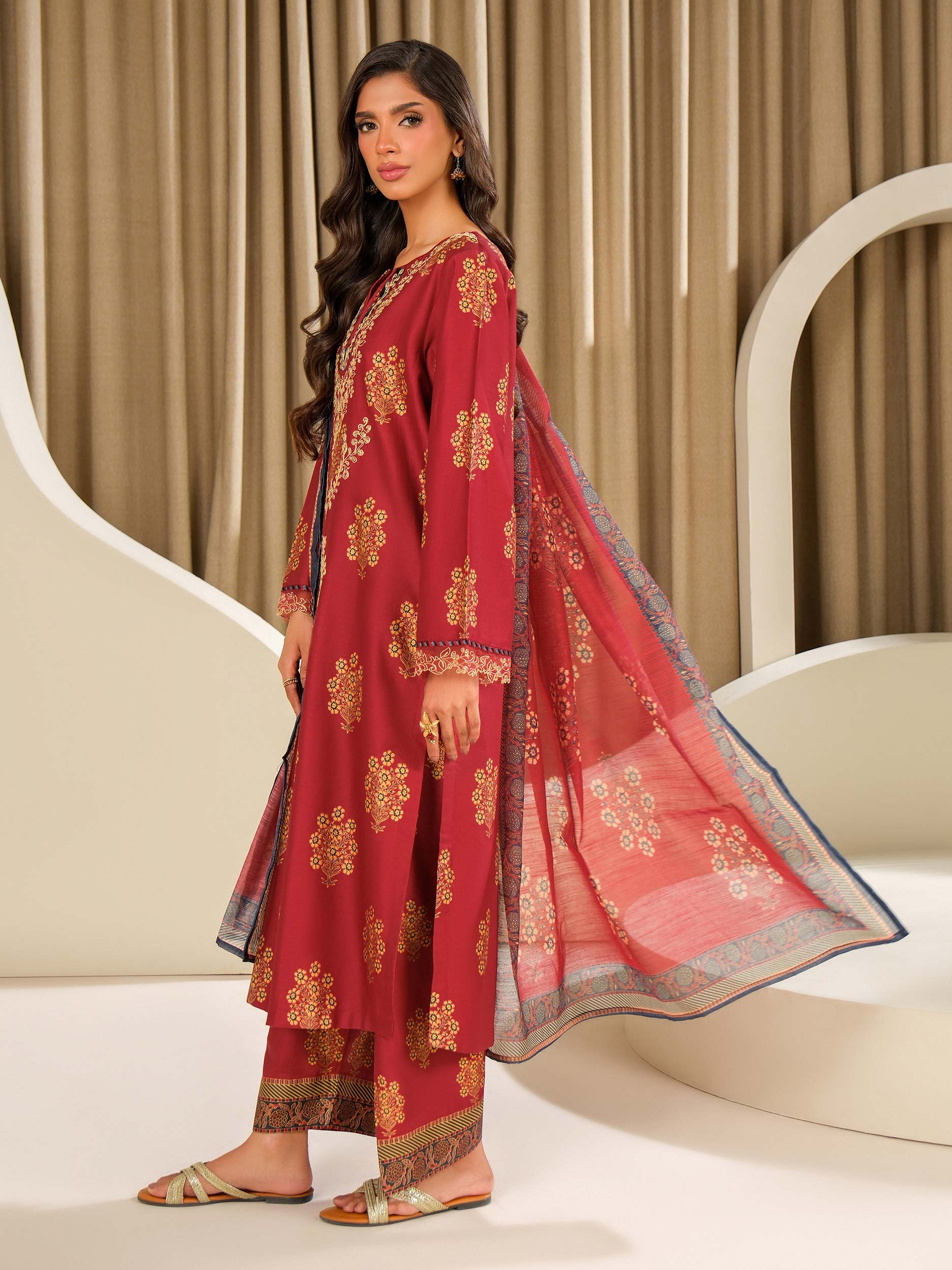 3 Piece Satin Suit-Embroidered (Unstitched)