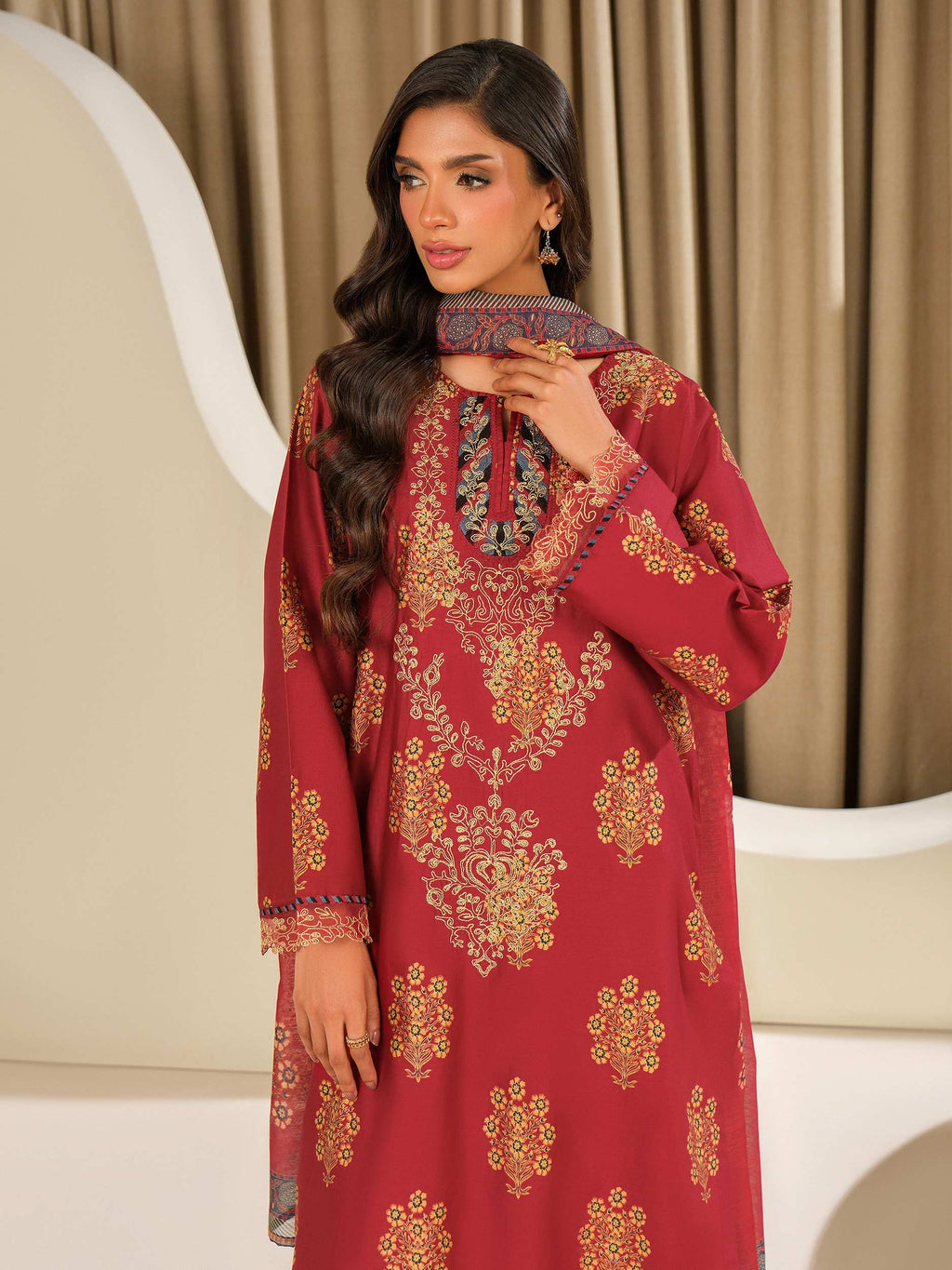 3 Piece Satin Suit-Embroidered (Unstitched)