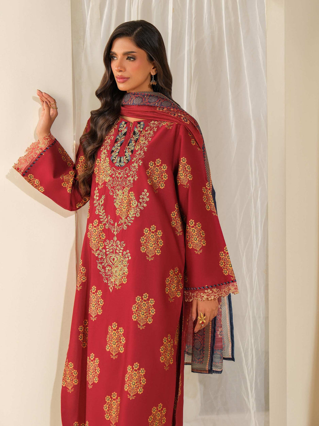 3 Piece Satin Suit-Embroidered (Unstitched)