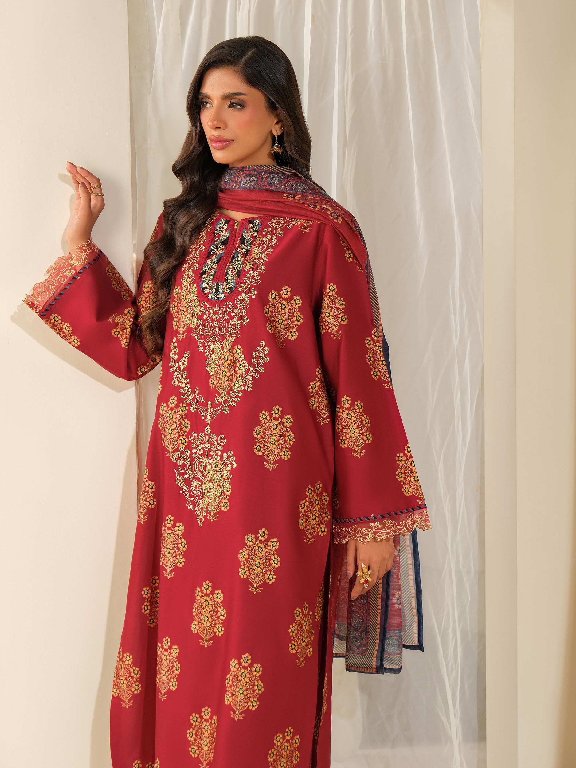 3 Piece Satin Suit-Embroidered (Unstitched)