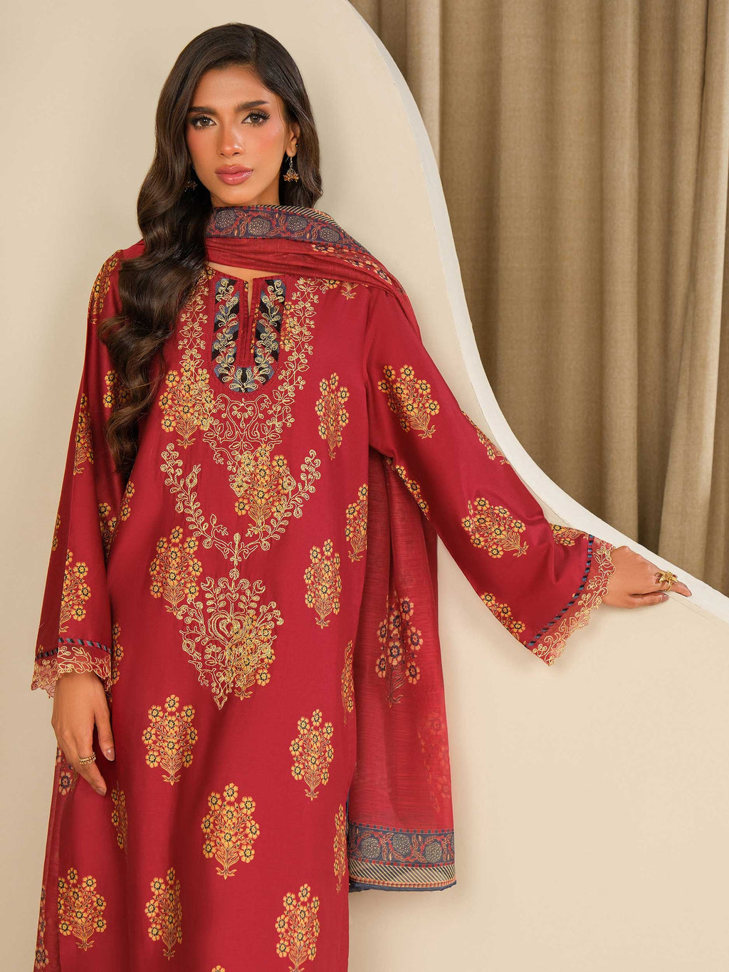 3 Piece Satin Suit-Embroidered (Unstitched)