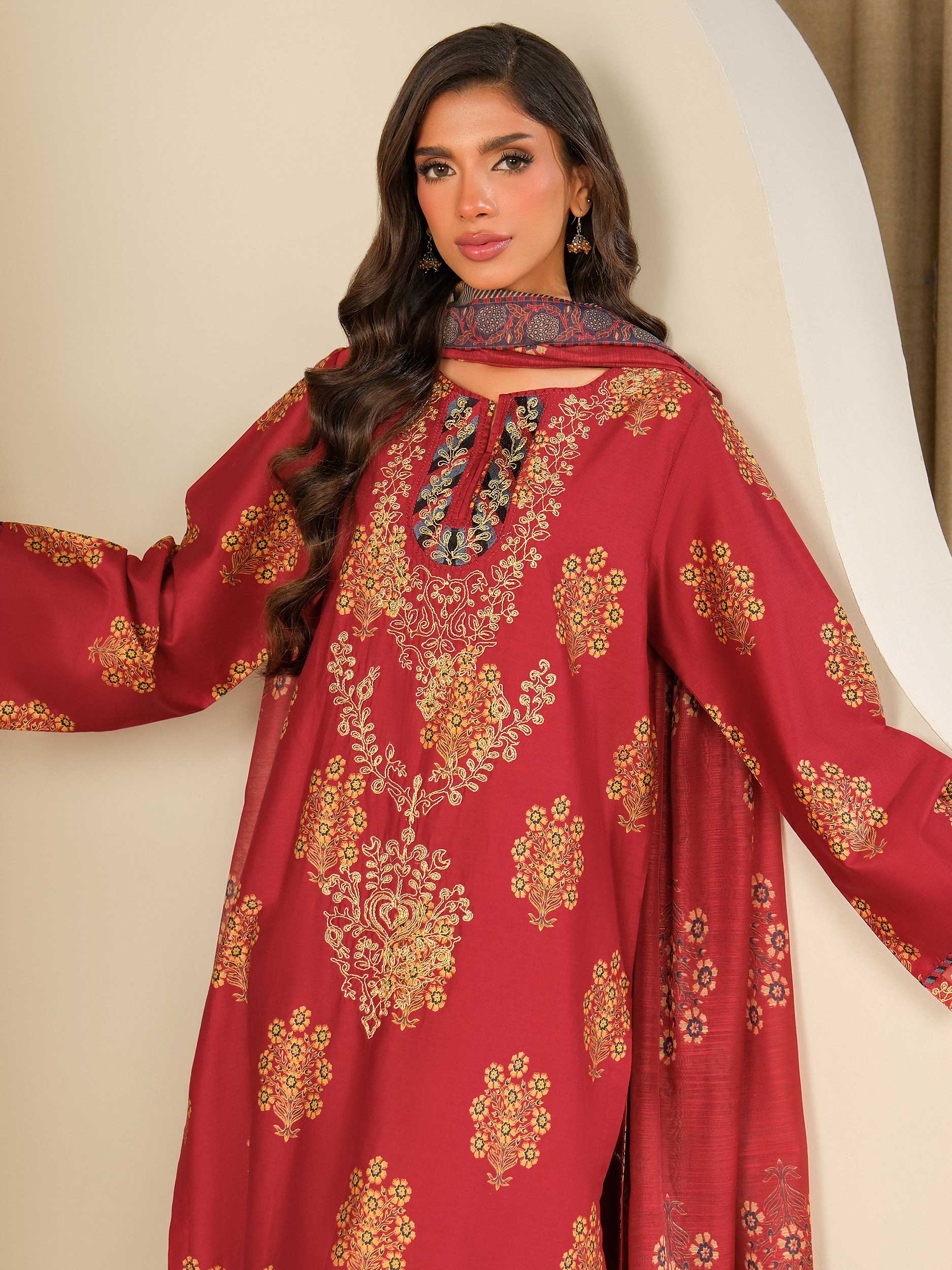 3 Piece Satin Suit-Embroidered (Unstitched)