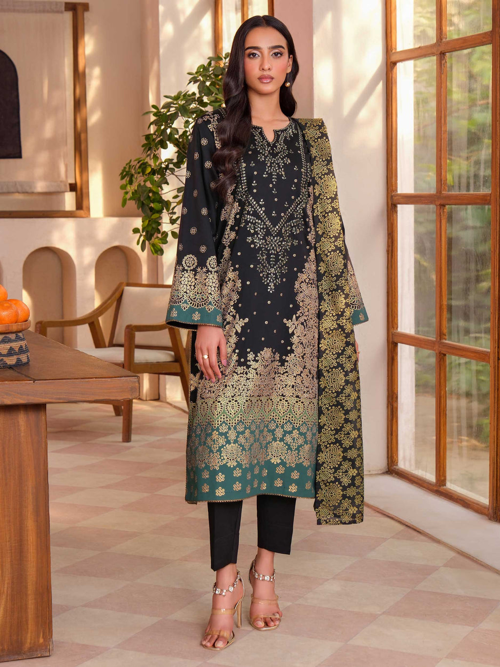 3 Piece Satin Suit-Embroidered (Unstitched)