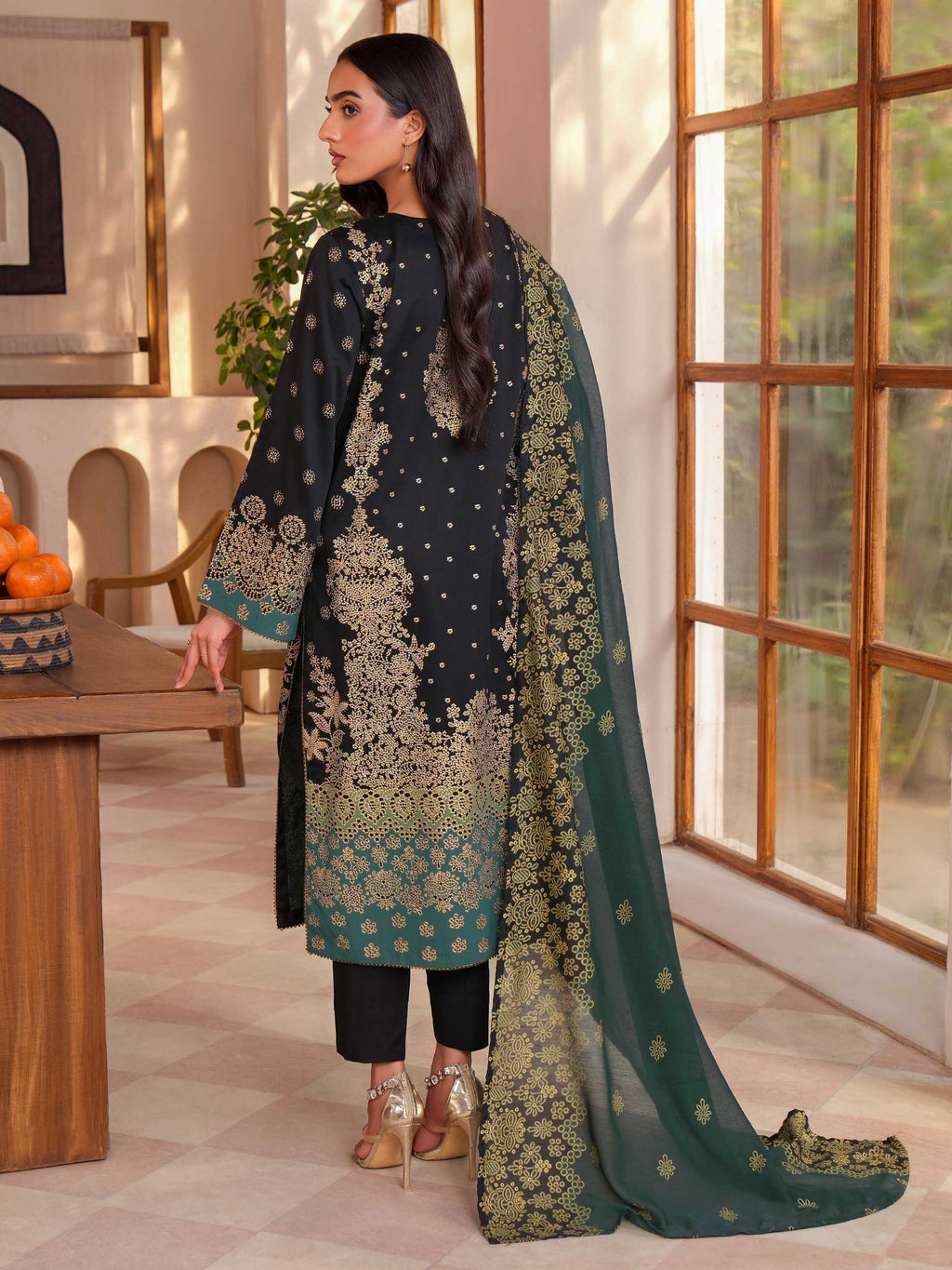 3 Piece Satin Suit-Embroidered (Unstitched)