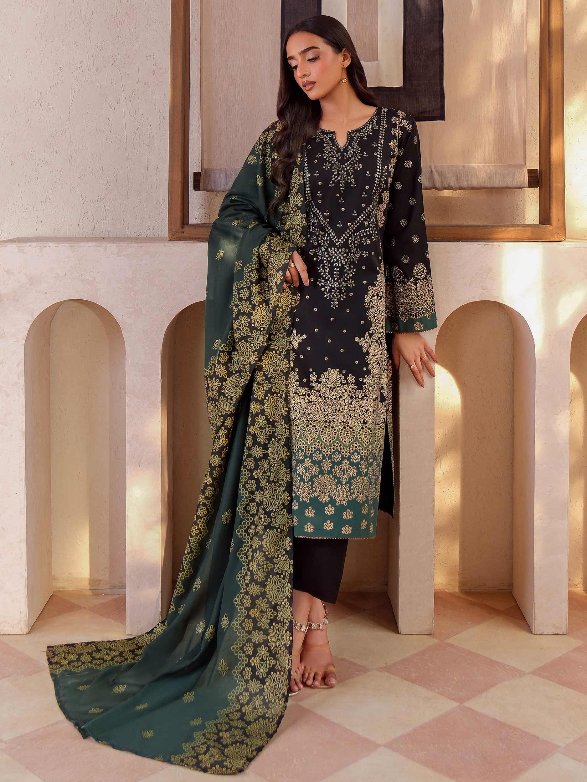 3 Piece Satin Suit-Embroidered (Unstitched)