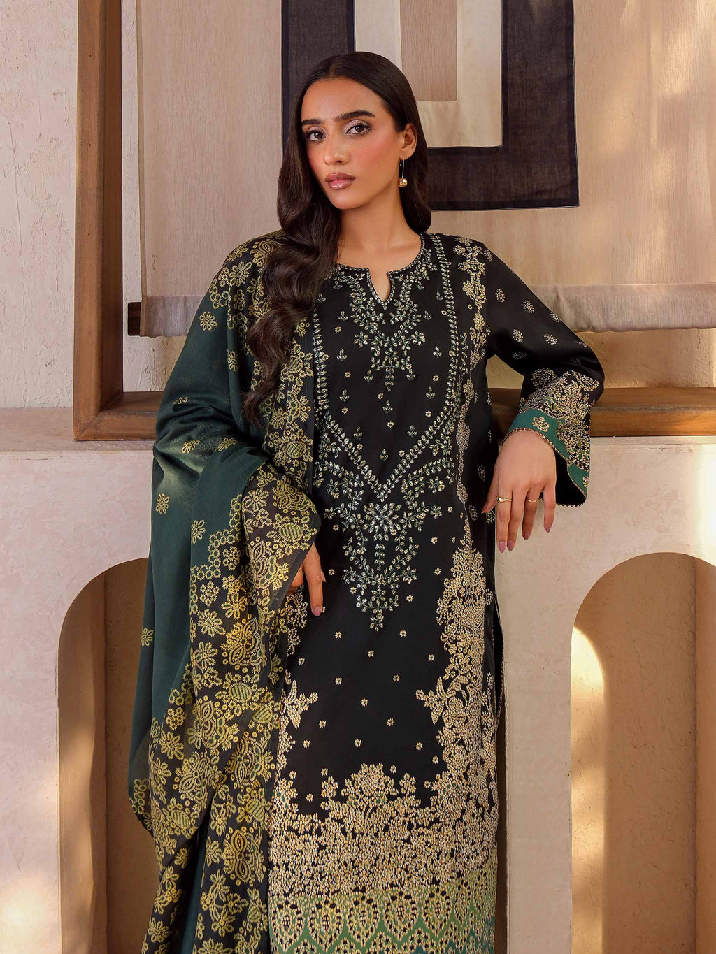 3 Piece Satin Suit-Embroidered (Unstitched)