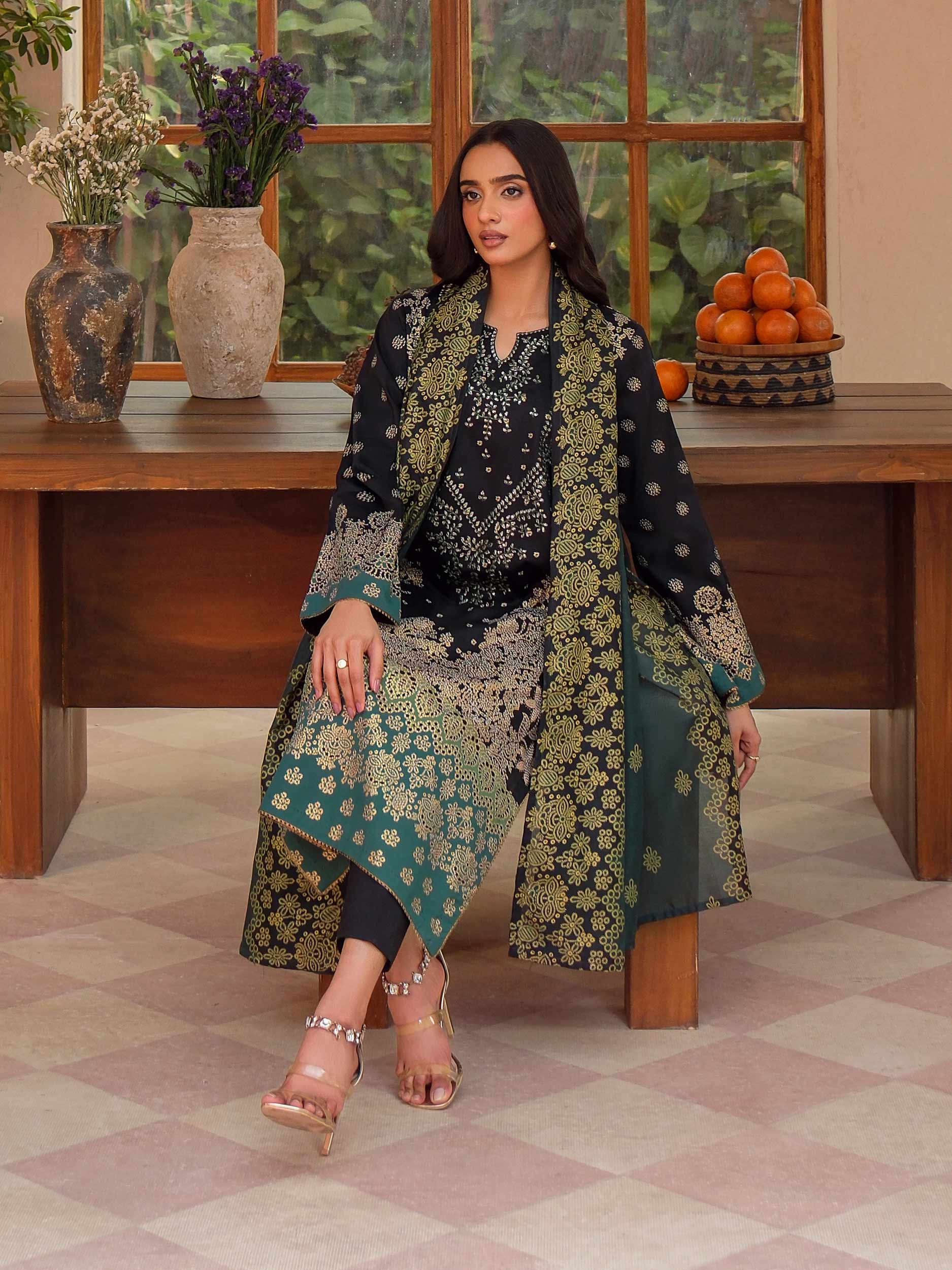 3 Piece Satin Suit-Embroidered (Unstitched)