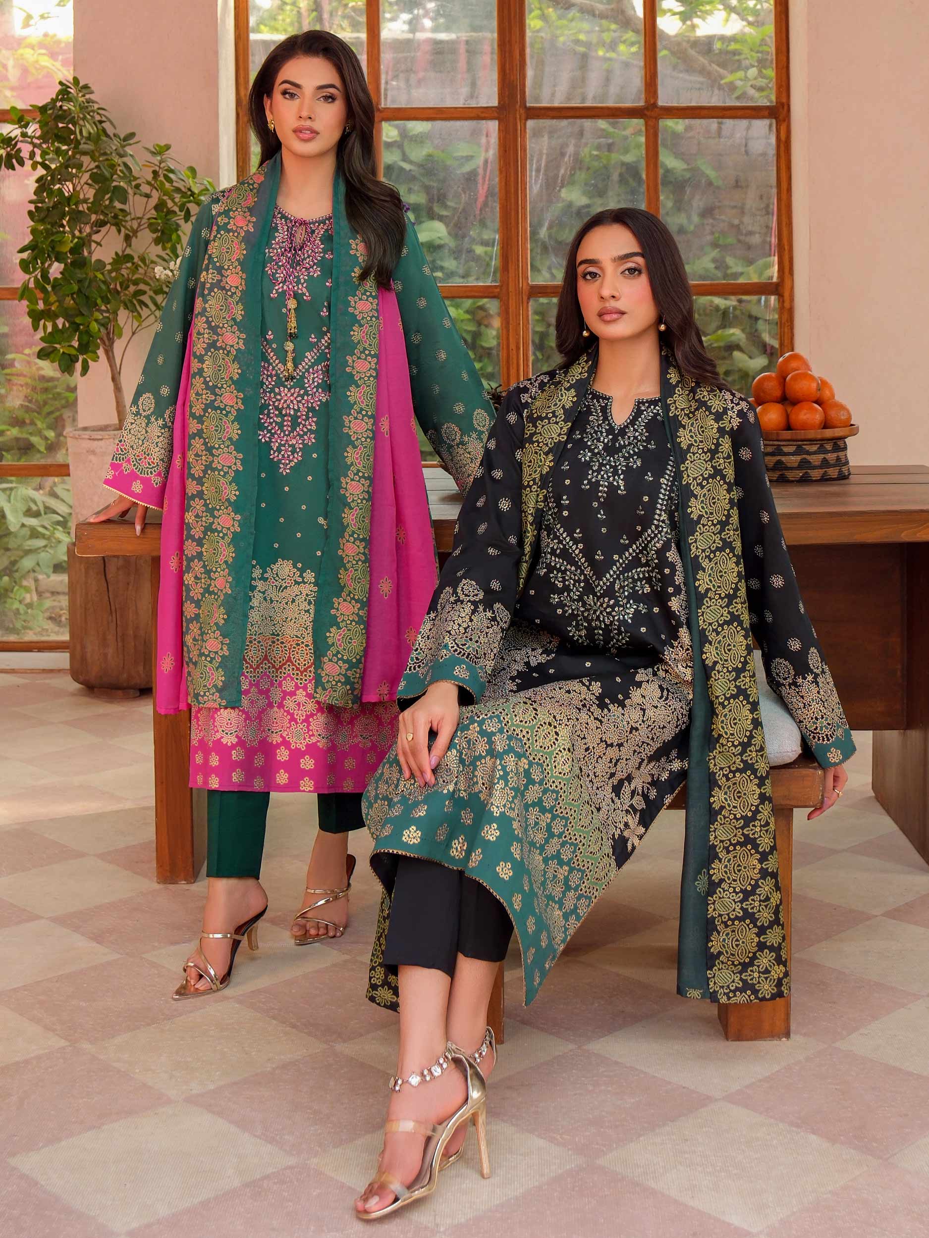 3 Piece Satin Suit-Embroidered (Unstitched)