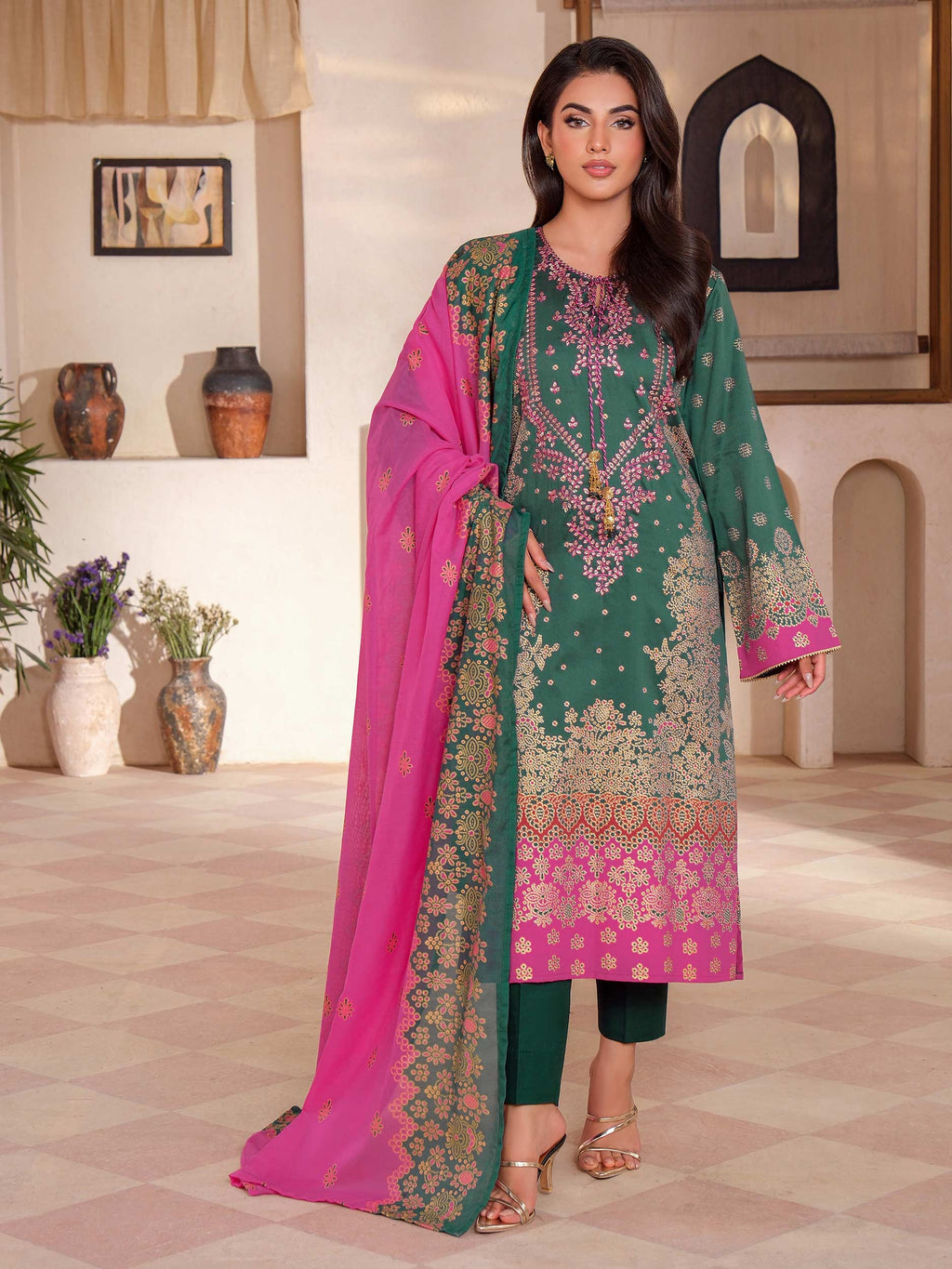 3 Piece Satin Suit-Embroidered (Unstitched)