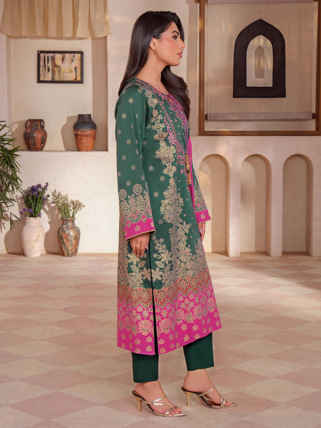 3 Piece Satin Suit-Embroidered (Unstitched)