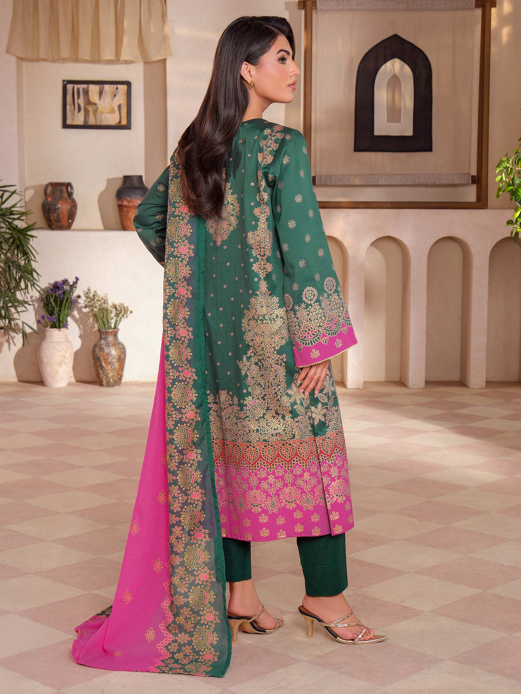 3 Piece Satin Suit-Embroidered (Unstitched)