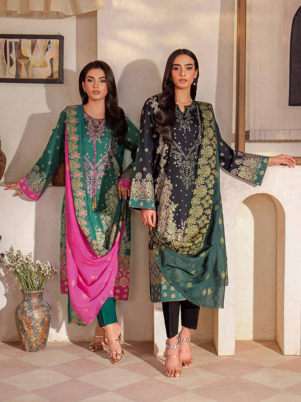 3 Piece Satin Suit-Embroidered (Unstitched)