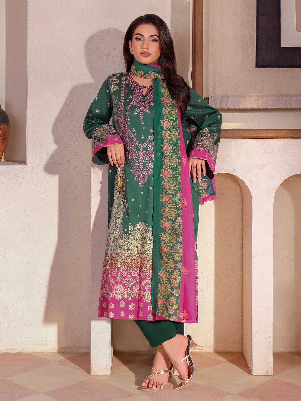 3 Piece Satin Suit-Embroidered (Unstitched)