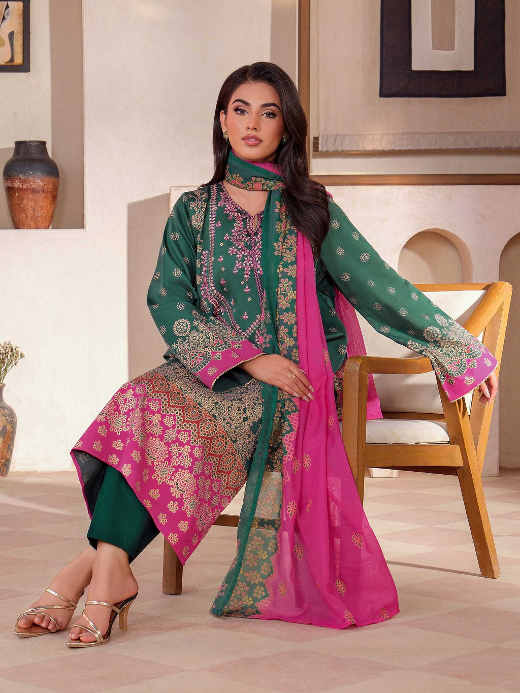 3 Piece Satin Suit-Embroidered (Unstitched)